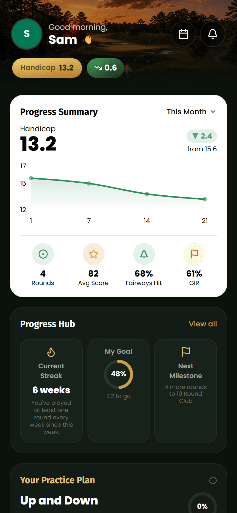Pintrax Golf home dashboard